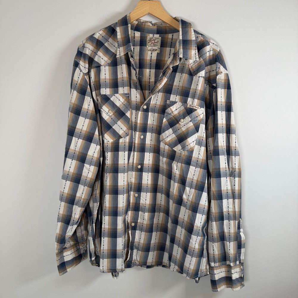 Lucky Brand Men's Western‎ Rodeo 100% Cotton Plaid Pearl Snap Up Shirt Top XXL